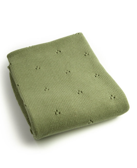 Katoenen dekentje gebreid dusty green ajour
