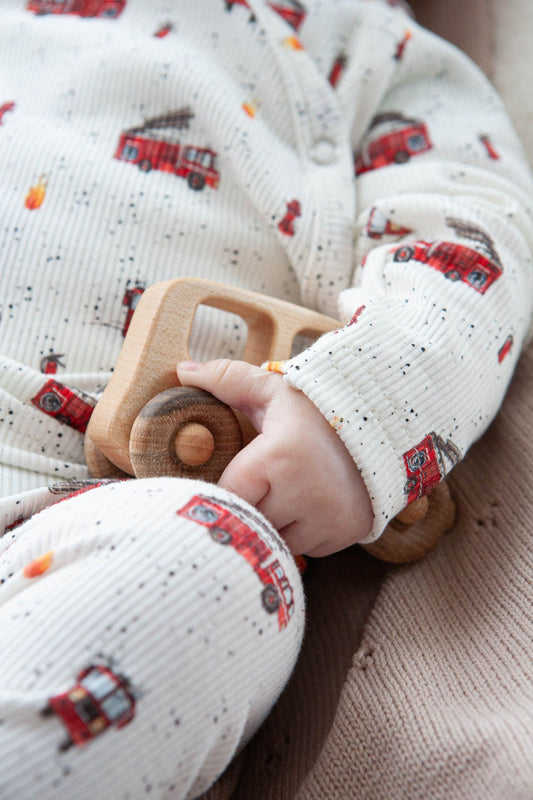 Baby ribbed wrap shirt with fire trucks